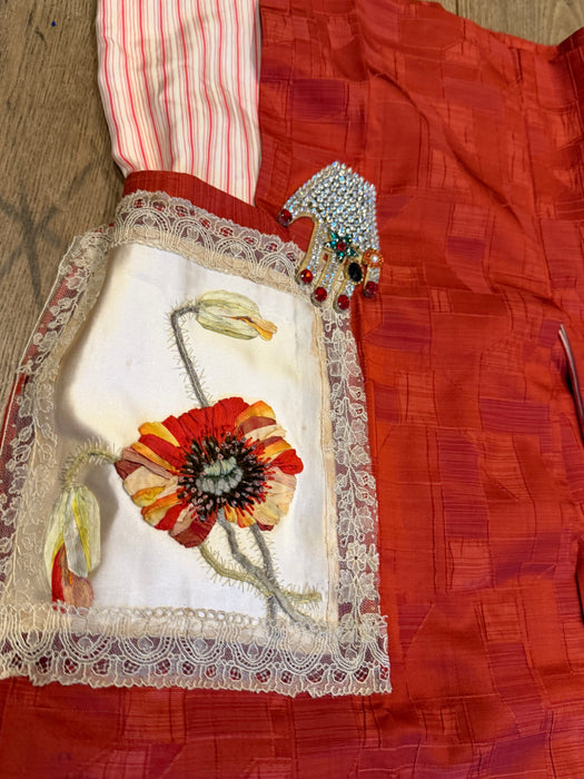 Tales, 40s a Japanese silk damask burnt orange kimono jacket with Victorian floral and lace motifs