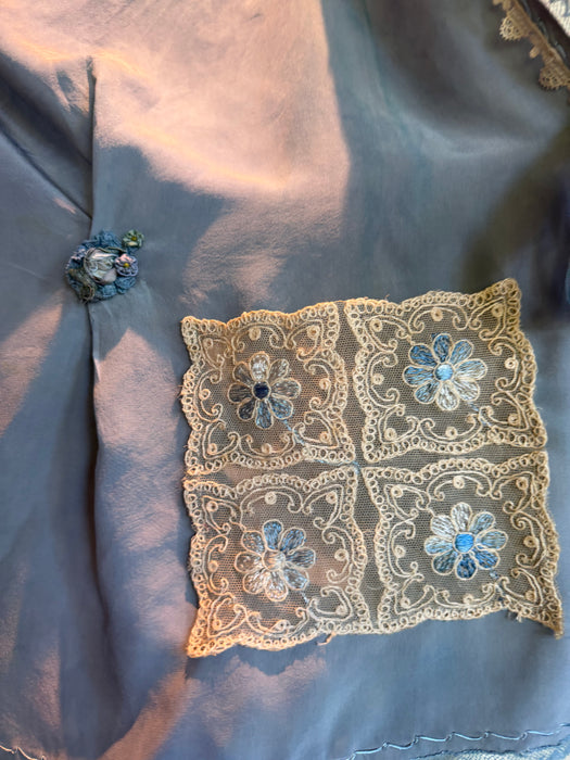 Adina, 30s, hand dyed pale blue silk and lace jacket