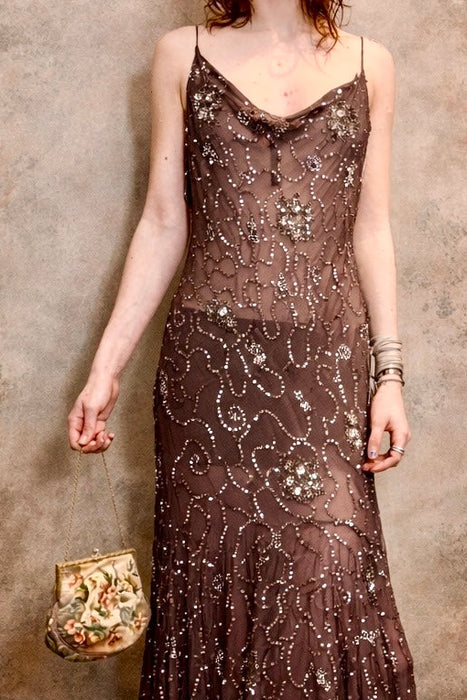 Aria, 90s anthracite silk bias cut beaded mermaid dress