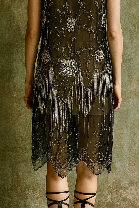 Tory, 20s black silk beaded fringed flapper dress