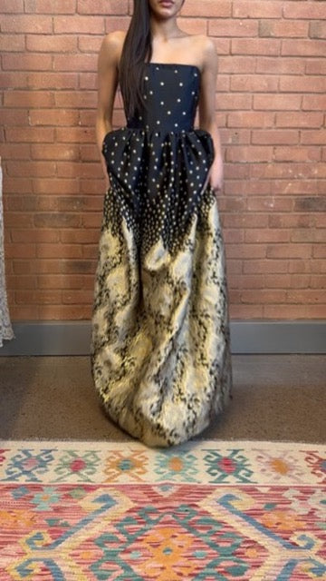 Alice, Y2K silk jacquard black and gold dress