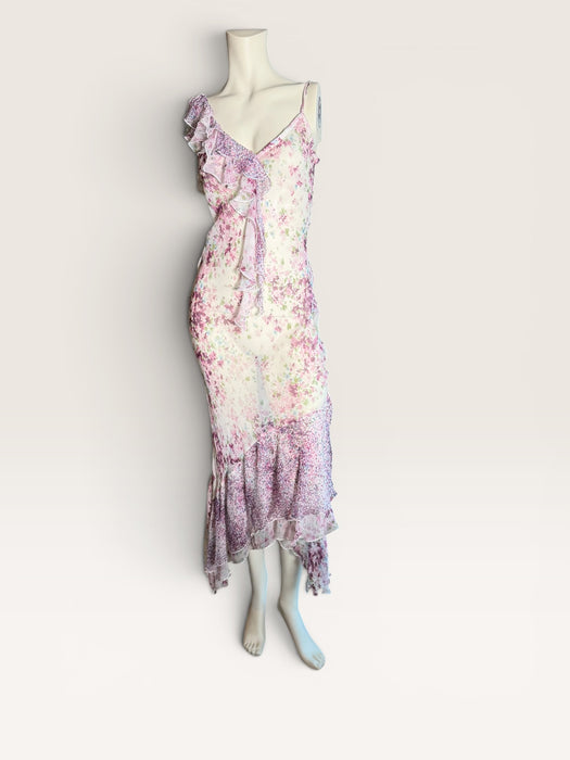 Lilly, 90s silk chiffon floral, bias cut frill dress