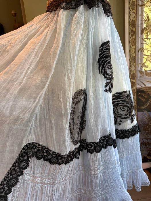 Portia, hand dyed Victorian pale blue cotton and black Chantilly lace dress