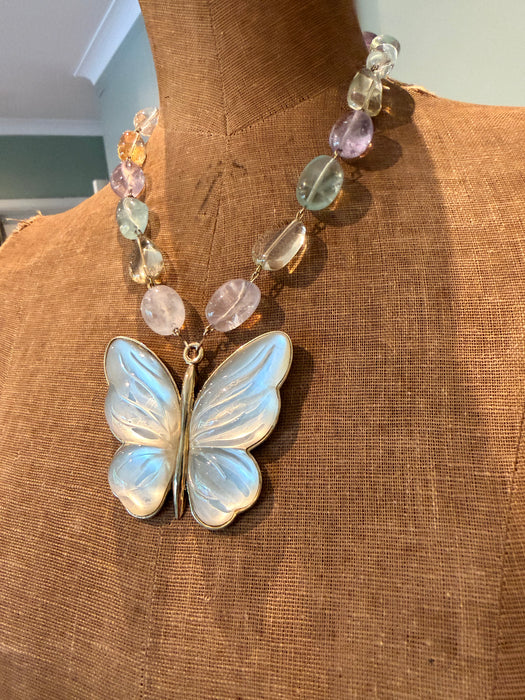 Jasmir, reworked pearlised vintage butterfly necklace with pastel crystals