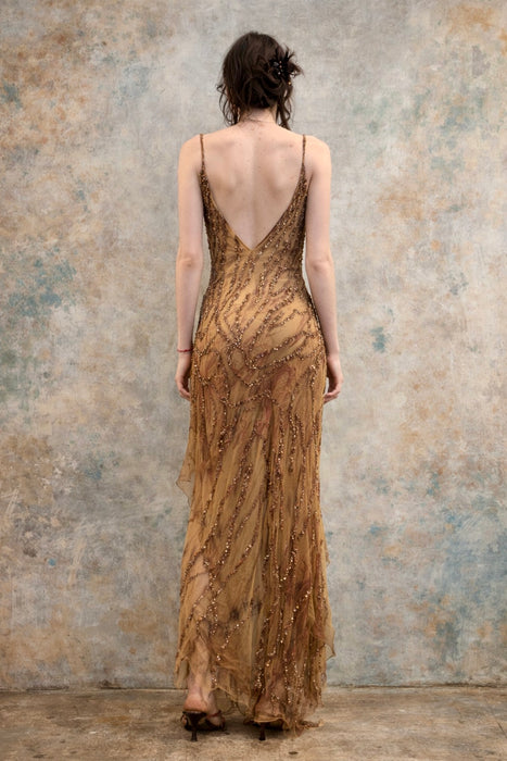 Glory, vintage animal print beaded bias cut silk chiffon dress