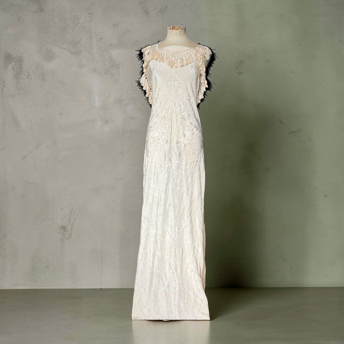 Odette, reworked 20s cream silk embroidered piano shawl