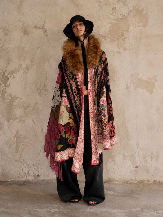Stacey, reworked 1930, wool embroidered cape with faux fur collar