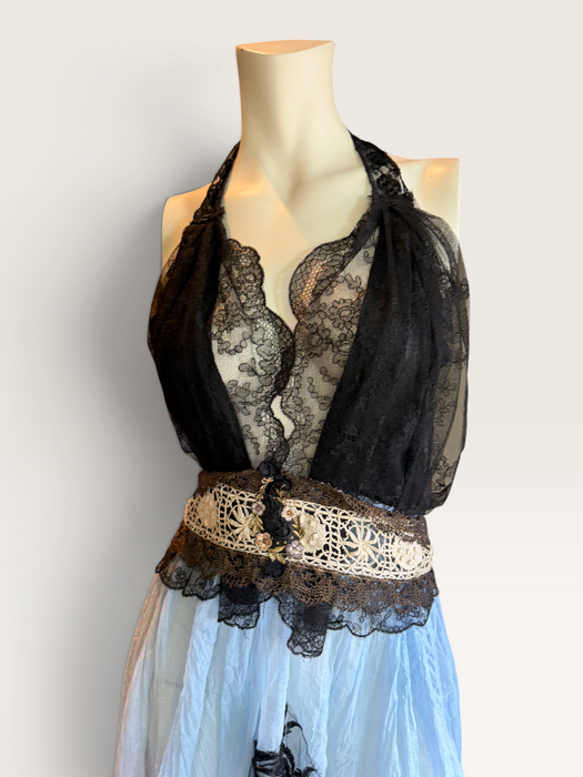 Portia, hand dyed Victorian pale blue cotton and black Chantilly lace dress