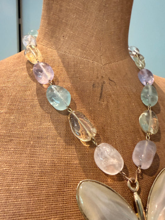 Jasmir, reworked pearlised vintage butterfly necklace with pastel crystals
