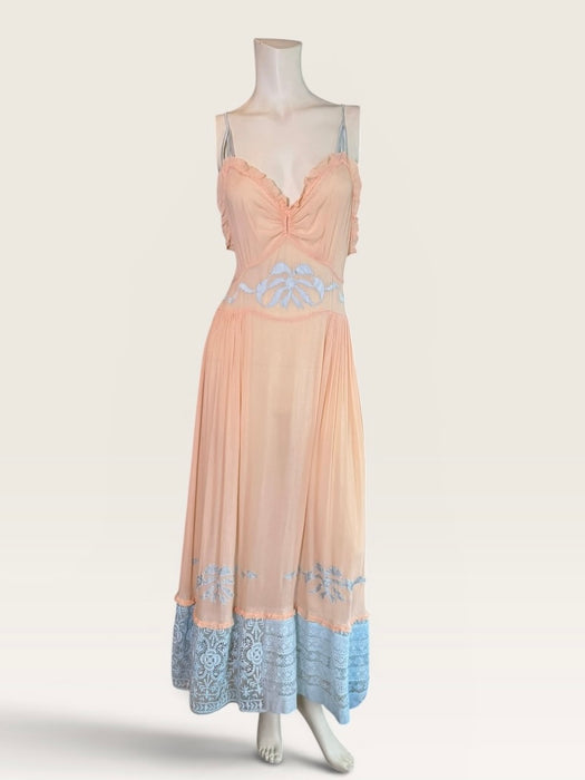 Estelle, 1930s pink and blue silk and lace smocked dress