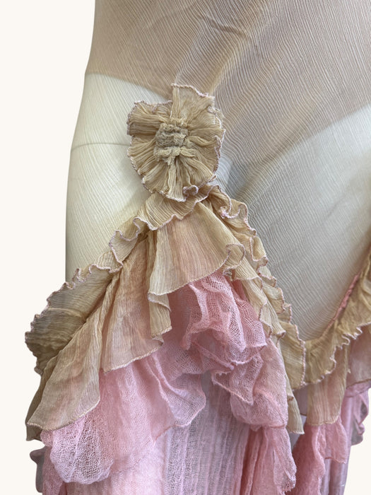 Laine, bias cut silk chiffon and pink dyed handkerchief dress with rosettes