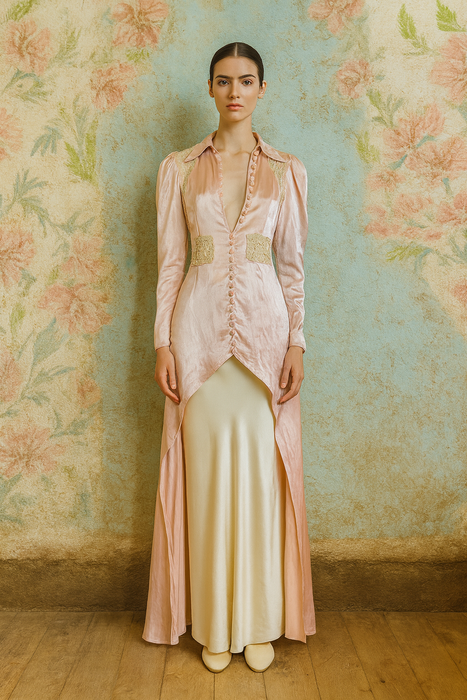Arianna, 20s silk and lace buttoned long sleeve coat