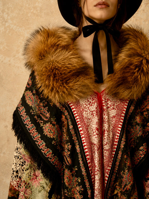 Stacey, reworked 1930, wool embroidered cape with faux fur collar