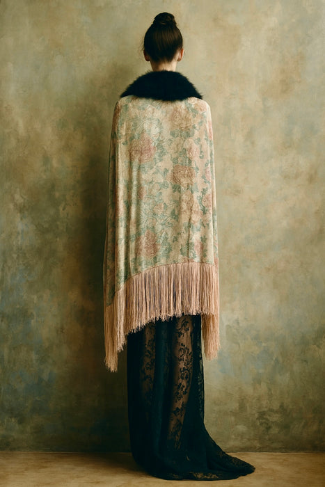Wilma, 20s floral fringed velour cape with black feather collar and tie