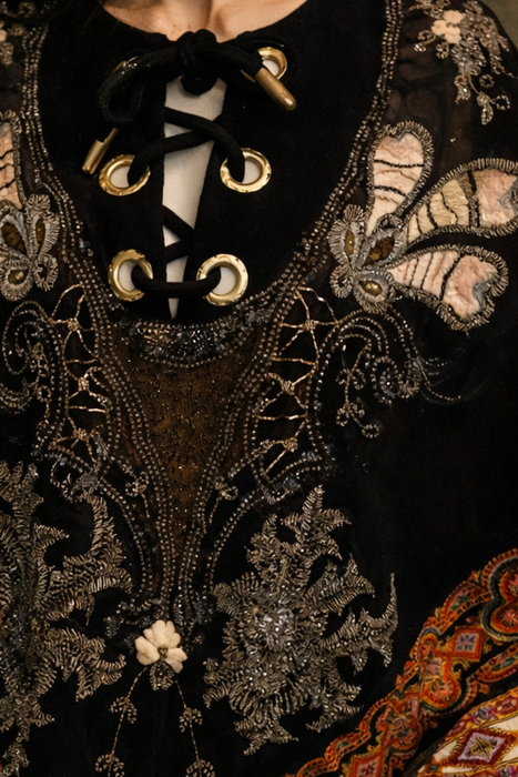 Marina, 70s paisley wool cape with 20s beading and floral embroidery