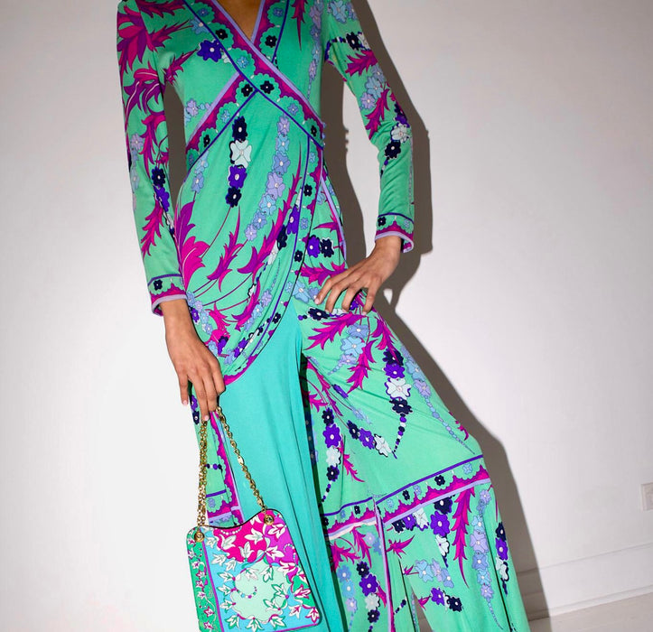 Emilio Pucci, rare and collectible 60s silk jersey wrap over jumpsuit
