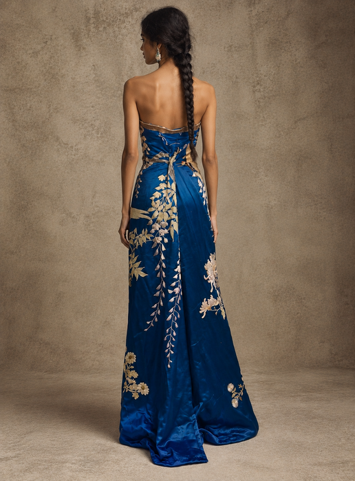 Raner, reworked 1930s cobalt blue silk embroidered bustier dress