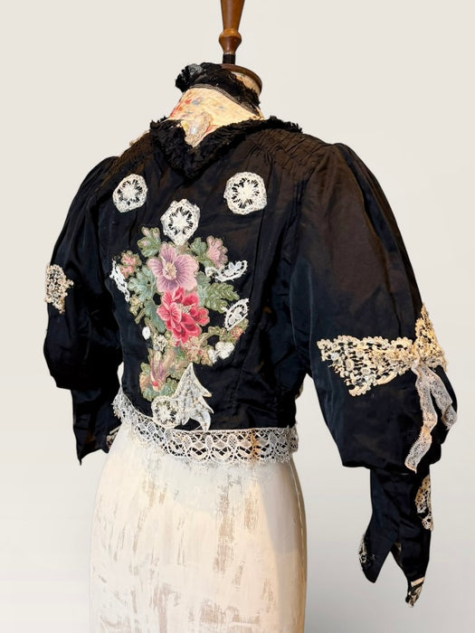 Kiki, Victorian black silk jacket with mutton sleeves, embellished with beaded lace
