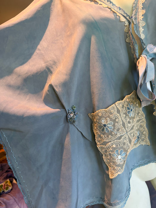 Adina, 30s, hand dyed pale blue silk and lace jacket