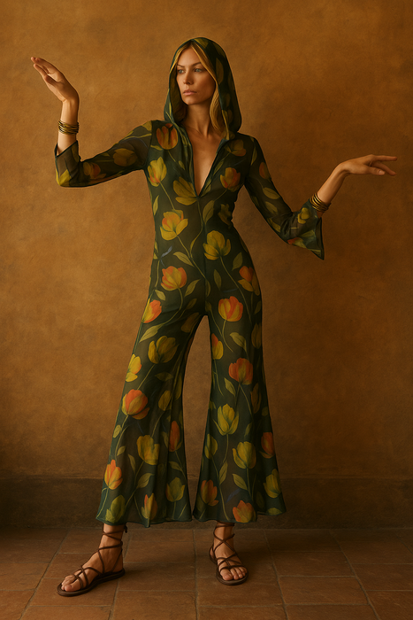 Fabia, reworked 30s floral chiffon flair jumpsuit