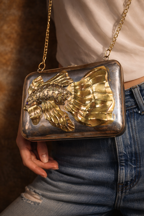Koi, 70s metal silver and brass modernist chain handbag