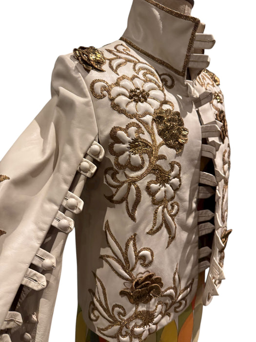 Jean-Louis Sherrer, 80s couture lather nappa cream leather jacket with gold thread quilted embroidery