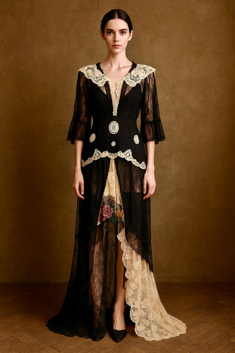 Lora, reworked 20s black silk tulle, lace and garter dress