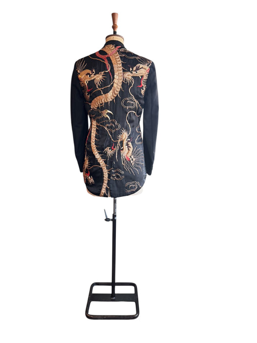 Jen, reworked 40s wool tail coat with Antique gold dragon embroidered design