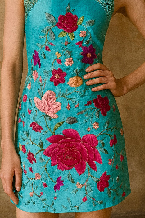 Adrianne, reworked short 40s embroidered piano shawl dress
