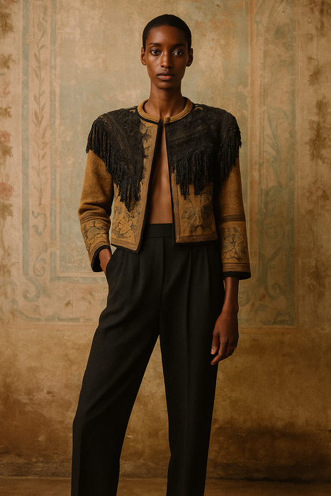 Christine, reworked French tapestry jacket with Edwardian lace tassel