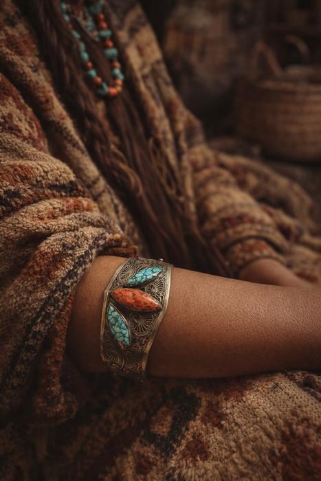 Mona, antique sterling silver turquoise and coral cuff