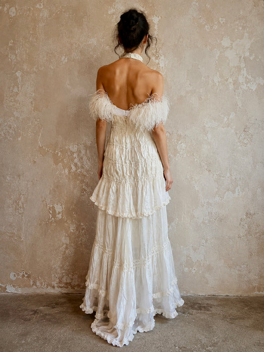 Bodie, vintage white ostrich feather and Victorian silk ruffle skirt