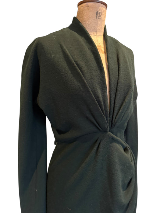 Donna Karen, Y2K bottle green wool draped wrap over dress