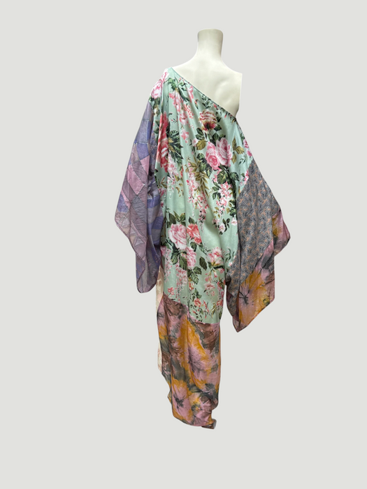 Aline, reworked silk 70s hand painted patchwork parachute kaftan