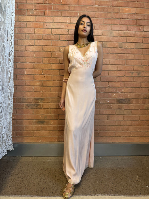 Tabitha, 20s silk bias cut dress with hand made florals