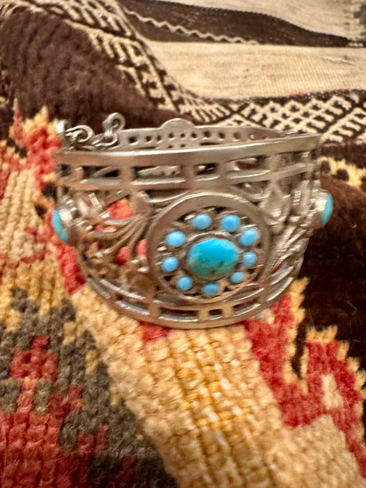 Julia, antique Native American silver turquoise cage etched cuff