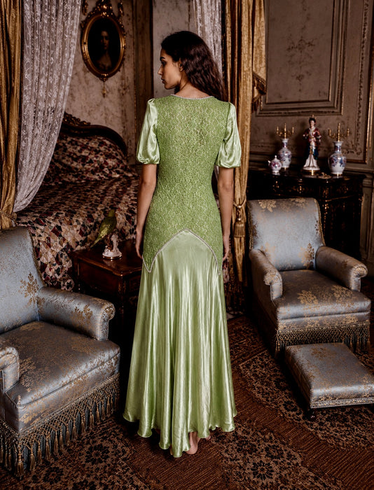 Astrid, 1930s silk and lace green hand dyed bias cut dress with rhinestone details