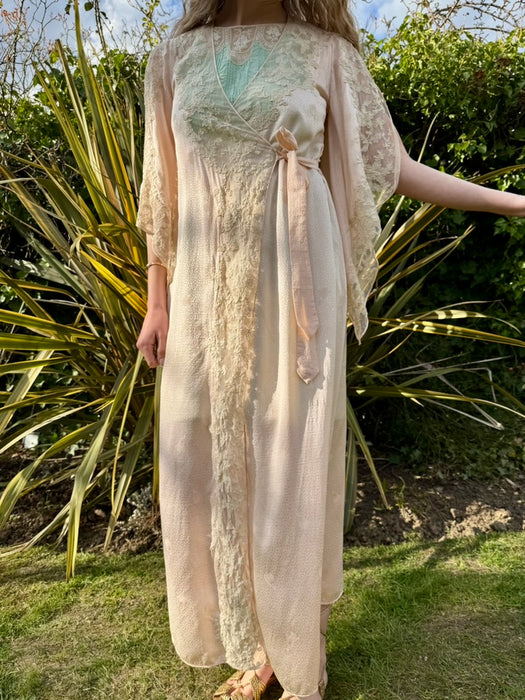Constance, 20s pink damask silk and lace robe