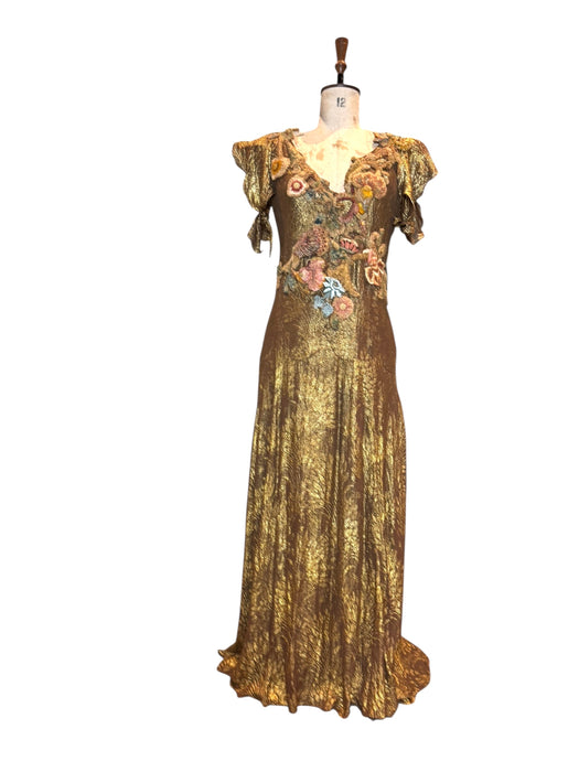 Astrid, 20s bronze/gold bias cut lamé dress with 18thC chenille floral accents