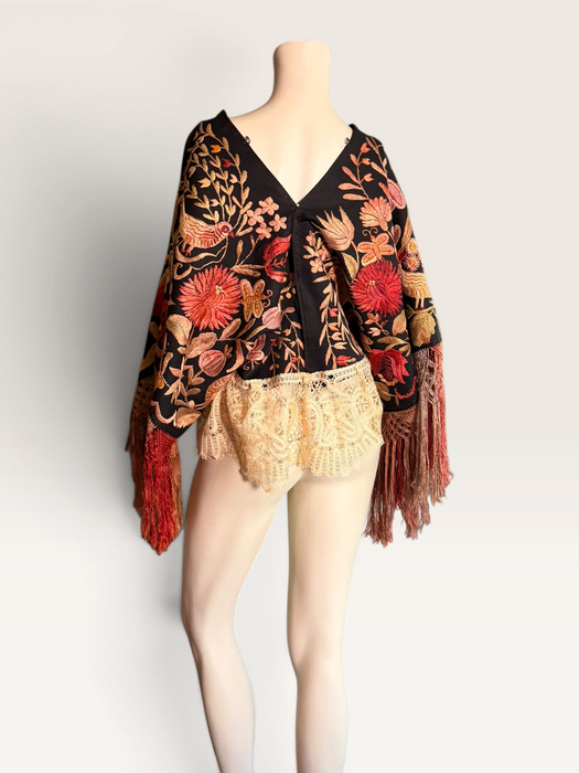 Jenx, reworked Hungarian 1930s fringed embroidered jacket