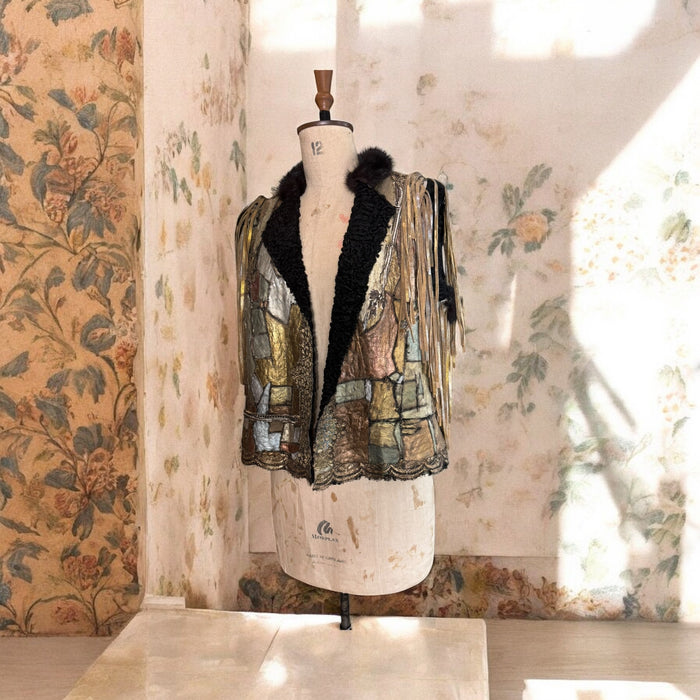 Tai, vintage metallic patchwork fringed sheepskin waistcoat