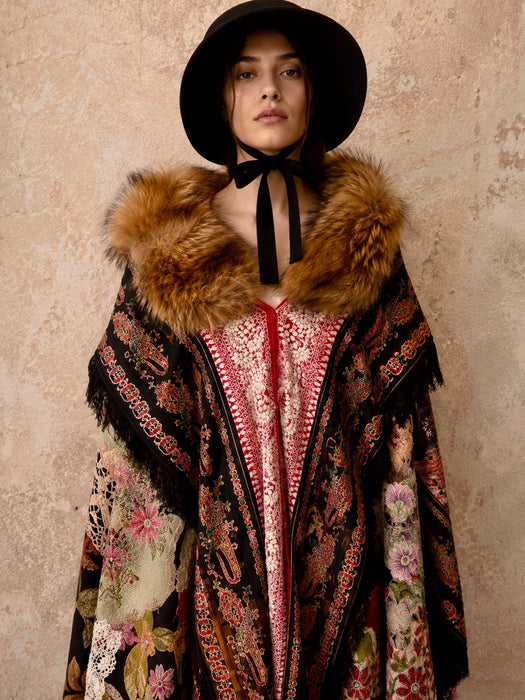 Stacey, reworked 1930, wool embroidered cape with faux fur collar