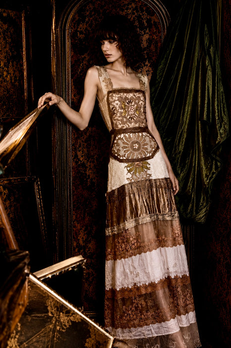 Miter, reworked 1920s French gold lamé and lace dress with Edwardian embroidery