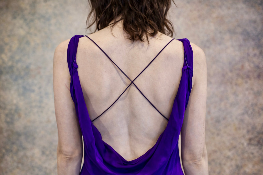 Axil, 90s purple silk chiffon bias cut dress with cowl neck