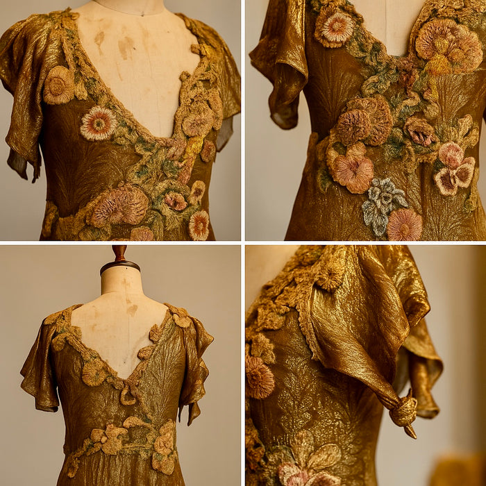 Astrid, 20s bronze/gold bias cut lamé dress with 18thC chenille floral accents