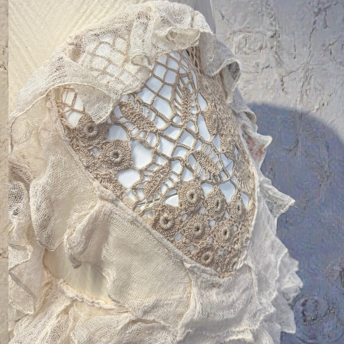Darcy, vintage muslin and crochet tiered asymmetric dress
