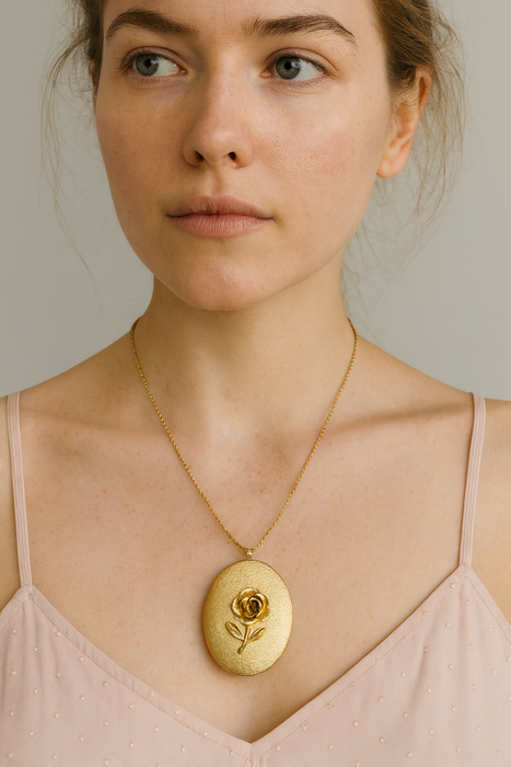 Flora, 40s gold brushed large locket pendant with 14 carat gold chain