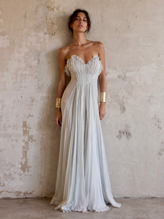 J Mendel, duck egg blue, chiffon draped corseted dress