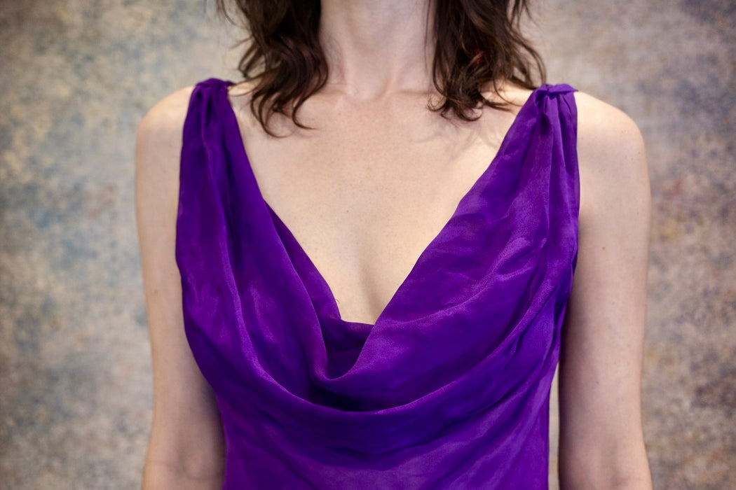 Axil, 90s purple silk chiffon bias cut dress with cowl neck