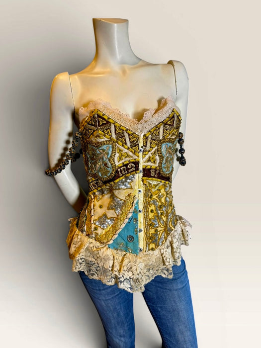 Papal, Edwardian ecclesiastical embroidered corset with lace and antique shoulder beads